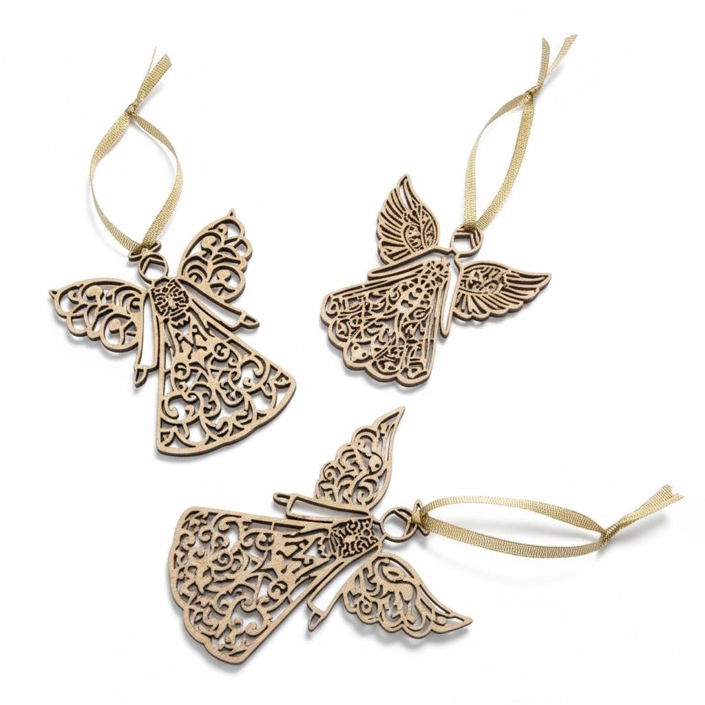 Laser Cut Birch Angel Ornament Set: Handcrafted Scandinavian Christmas Decor