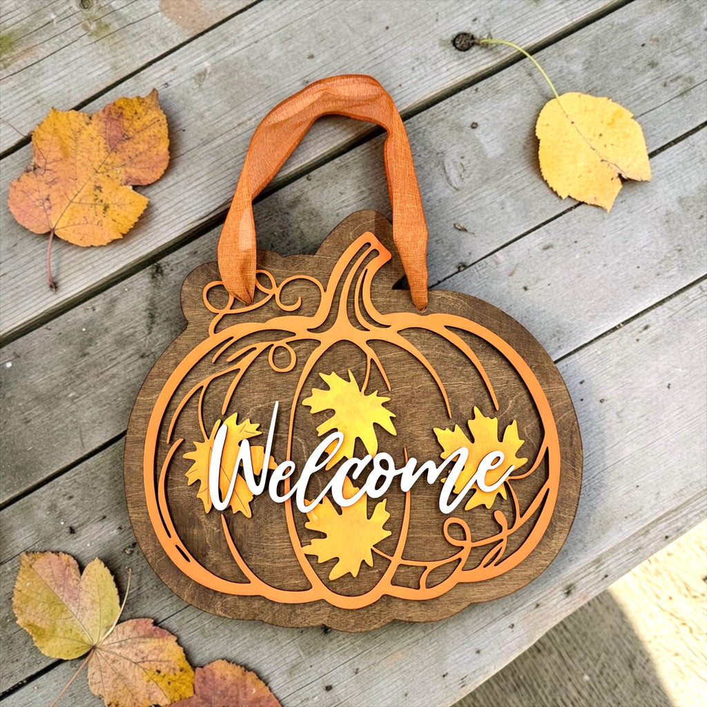 Layered Wood Pumpkin Welcome Sign