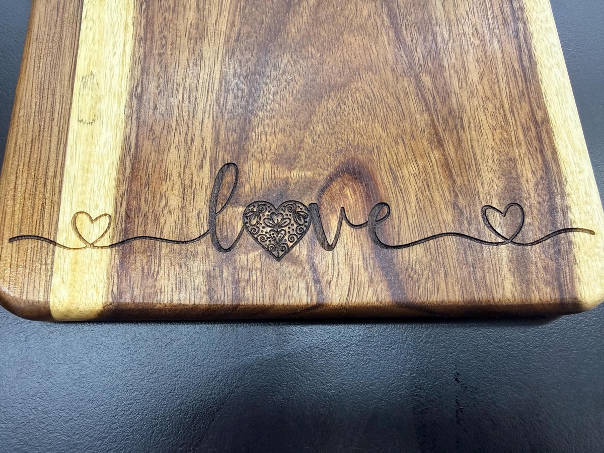 Heart Love Message Engraved Acacia Wood Cutting Board and Engraved Bamboo Spoon Bundle