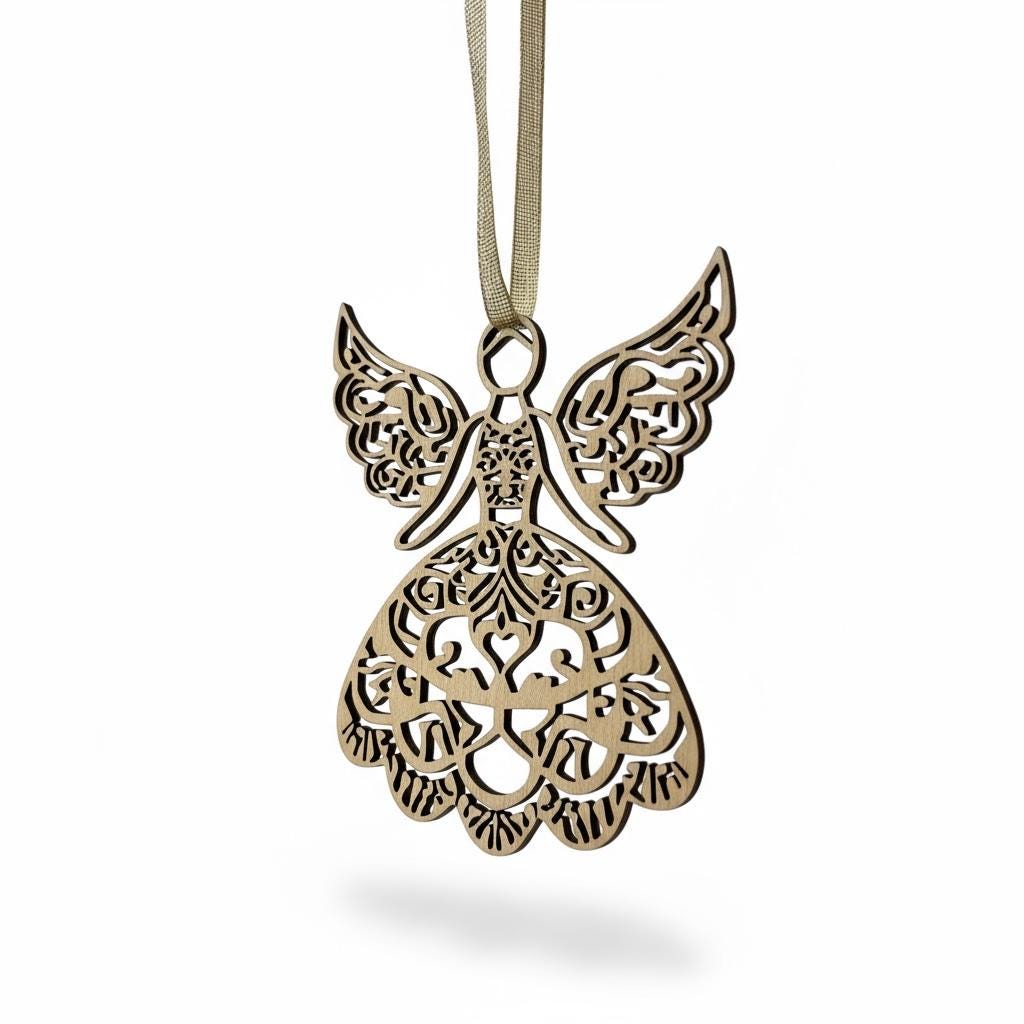 Laser Cut Birch Wood Angel Ornament Set