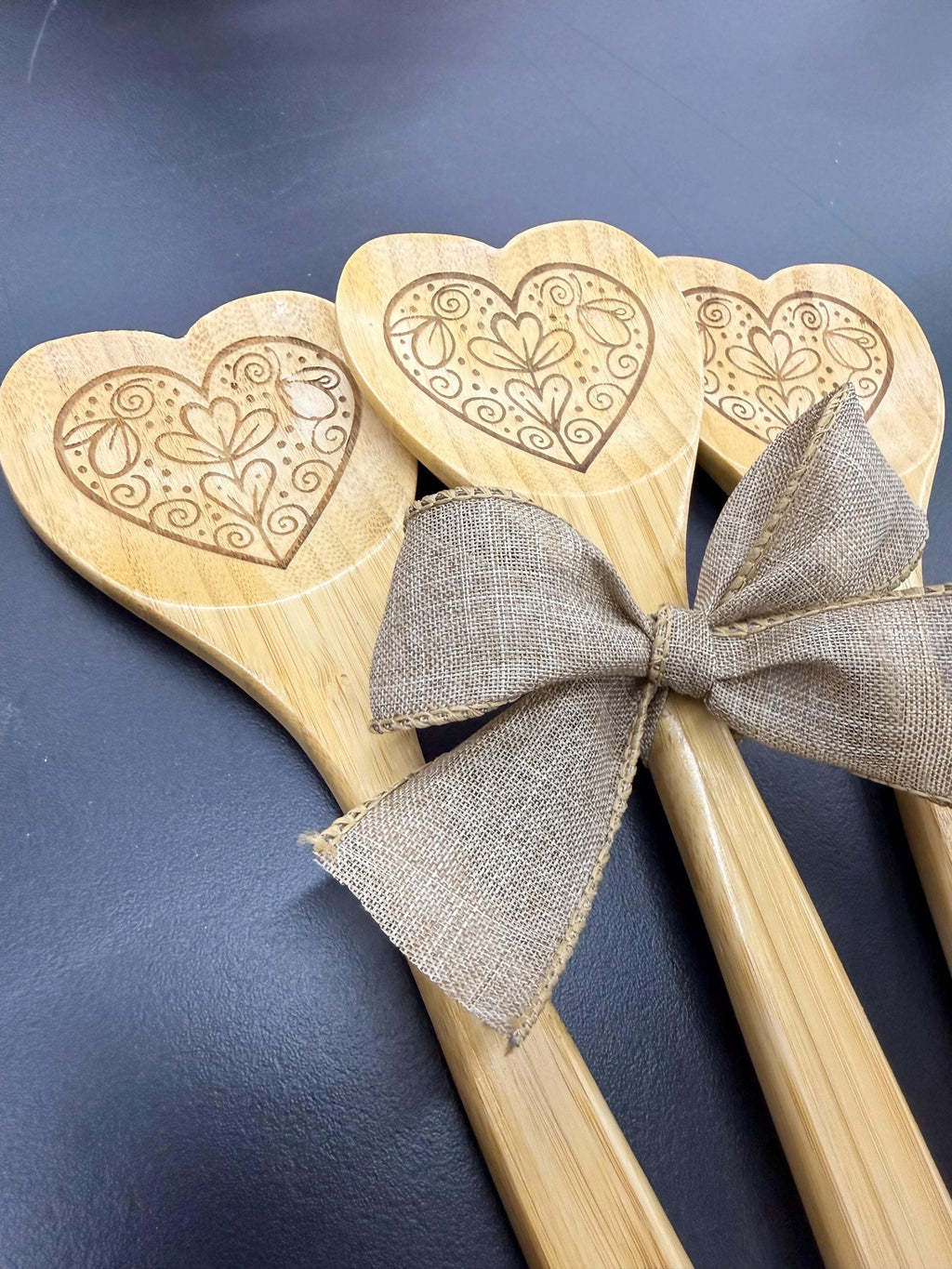 Heart Love Message Engraved Acacia Wood Cutting Board and Engraved Bamboo Spoon Bundle