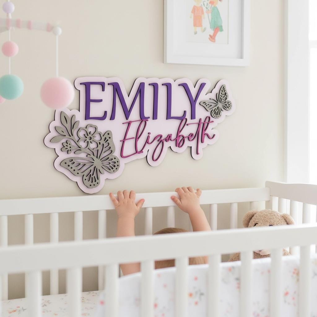 Personalized Baby Name Sign With Butterfly Floral Nature Theme