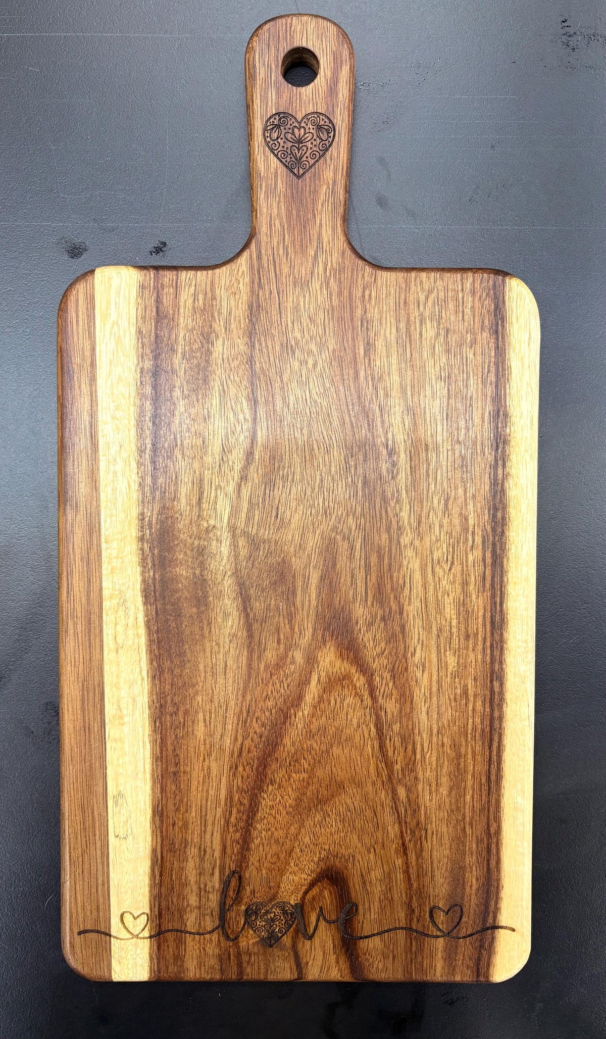 Heart Love Message Engraved Acacia Wood Cutting Board and Engraved Bamboo Spoon Bundle