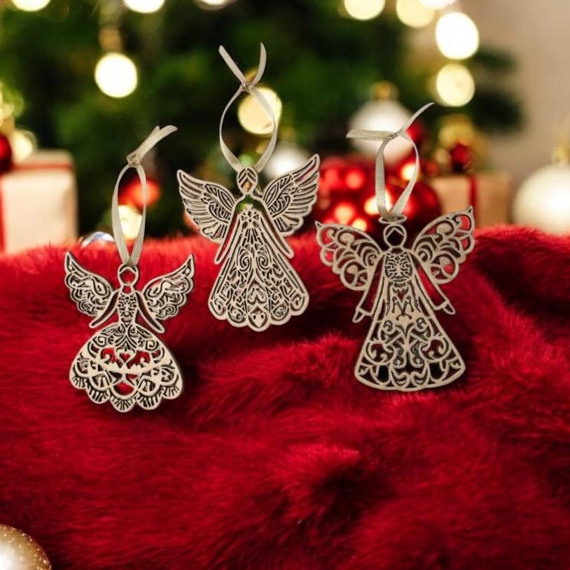 Laser Cut Birch Wood Angel Ornament Set
