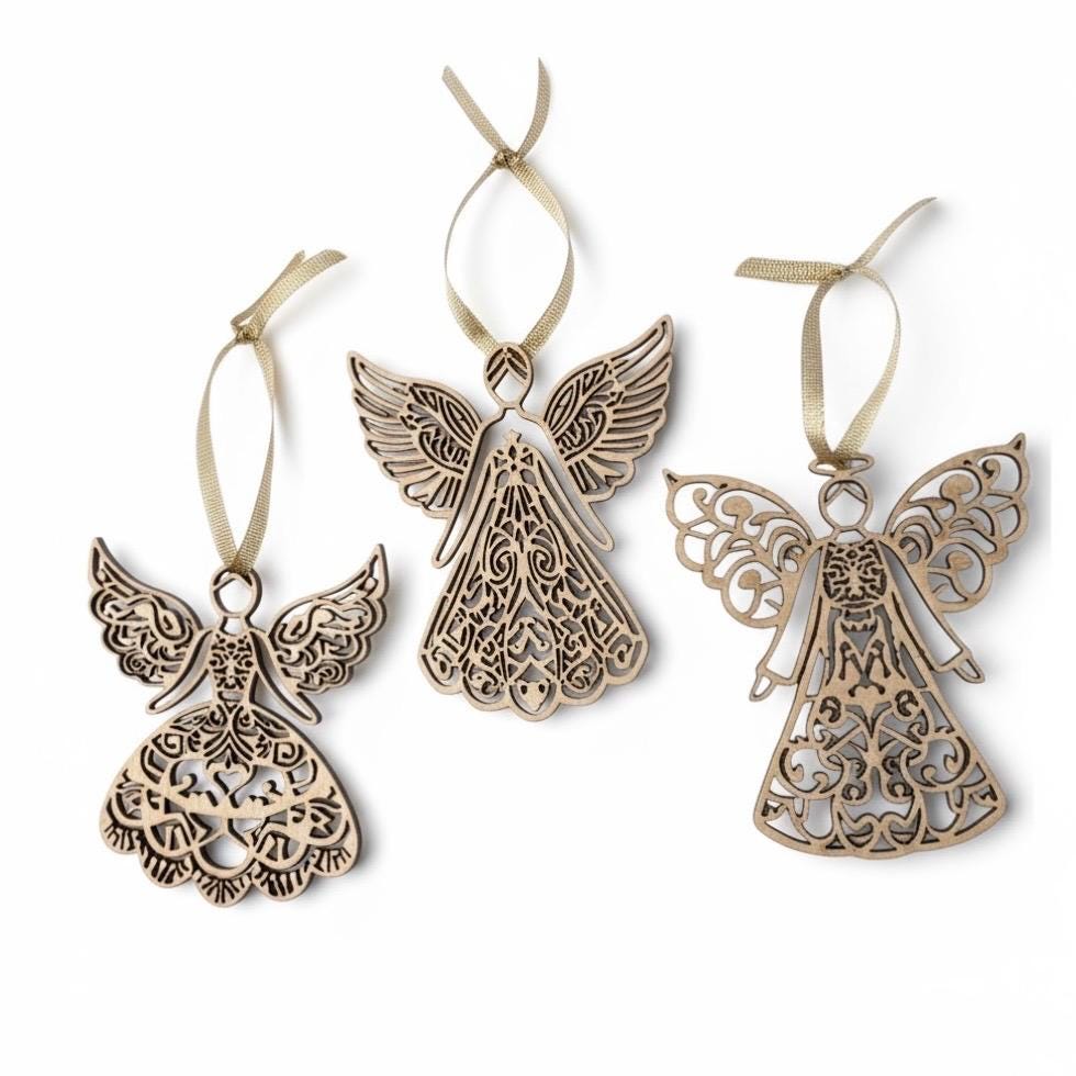 Laser Cut Birch Angel Ornament Set: Handcrafted Scandinavian Christmas Decor