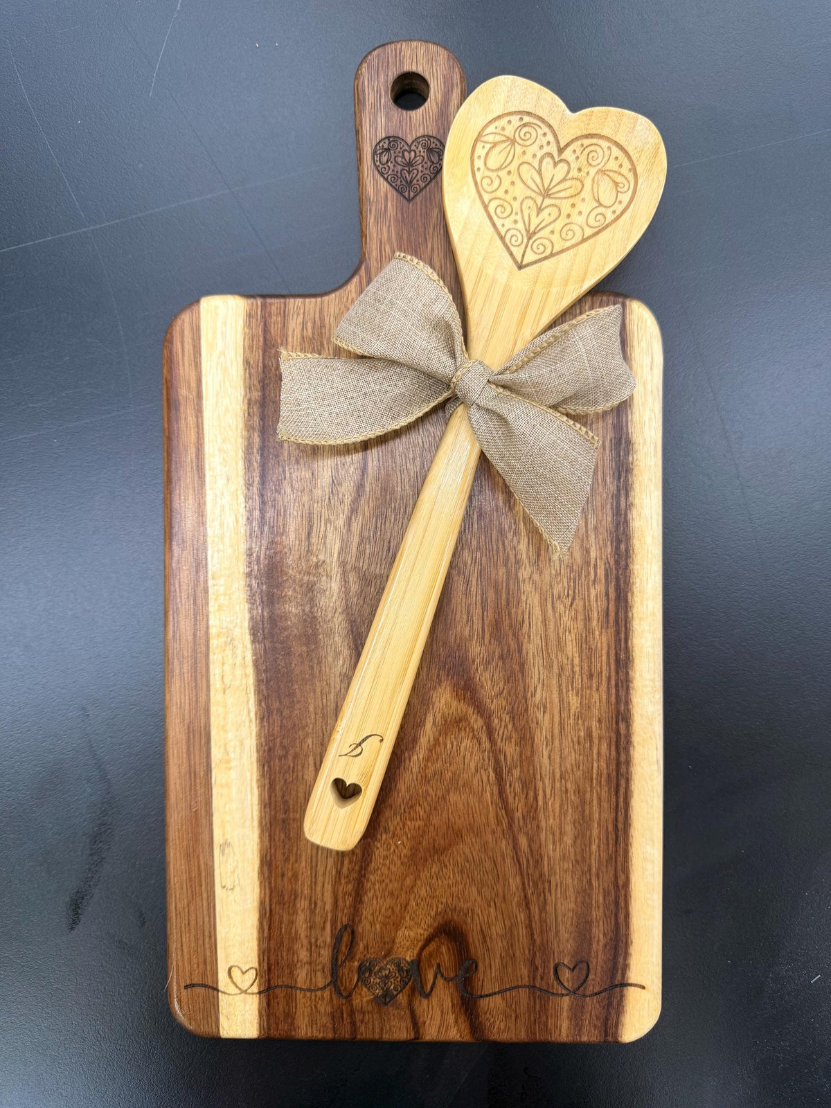 Heart Love Message Engraved Acacia Wood Cutting Board and Engraved Bamboo Spoon Bundle