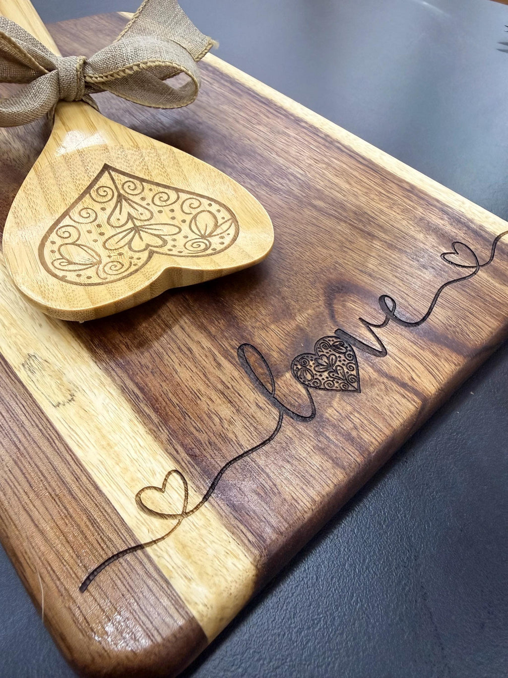 Heart Love Message Engraved Acacia Wood Cutting Board and Engraved Bamboo Spoon Bundle