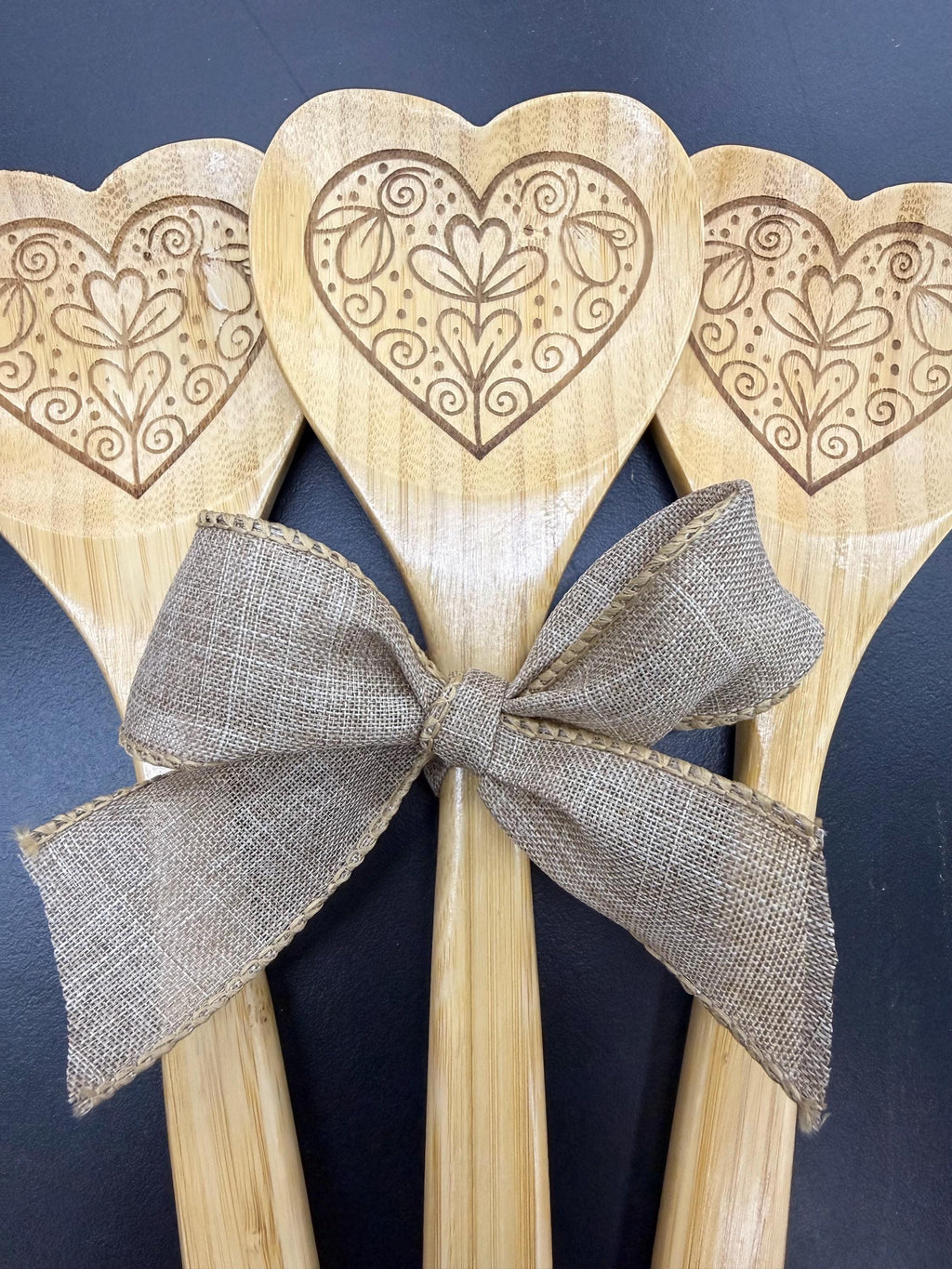 Heart Love Message Engraved Acacia Wood Cutting Board and Engraved Bamboo Spoon Bundle