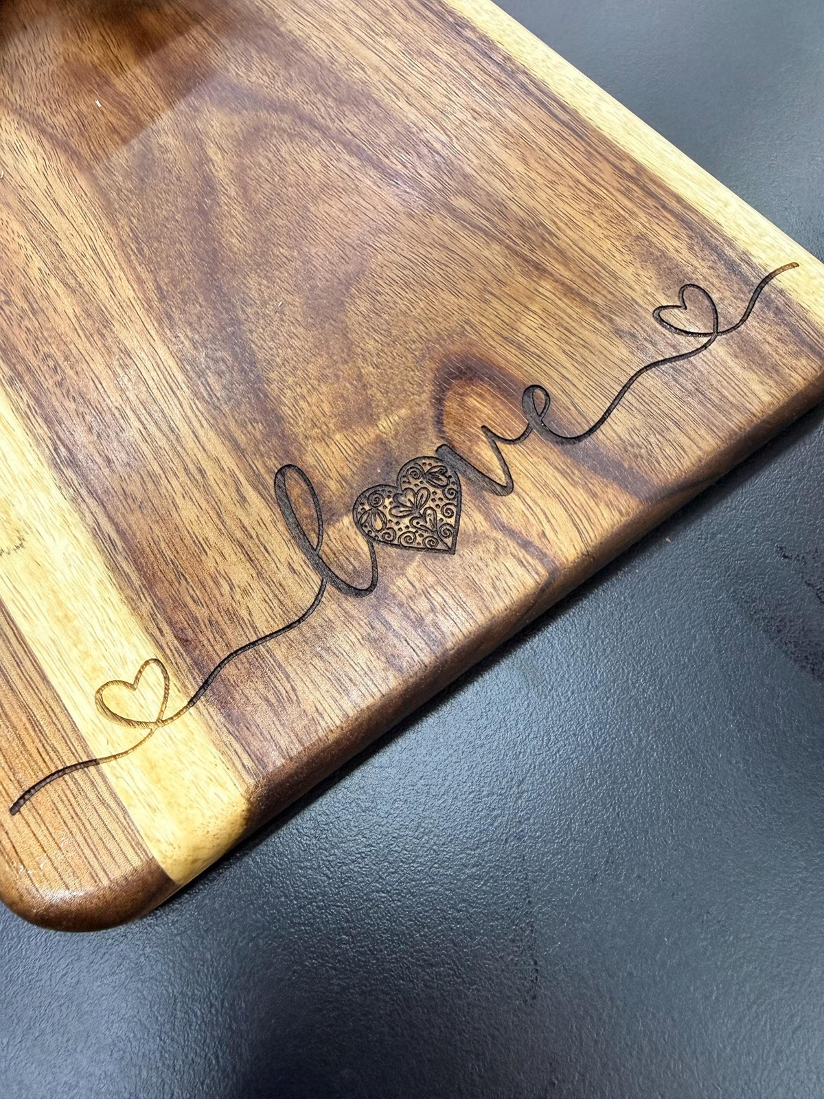 Heart Love Message Engraved Acacia Wood Cutting Board and Engraved Bamboo Spoon Bundle
